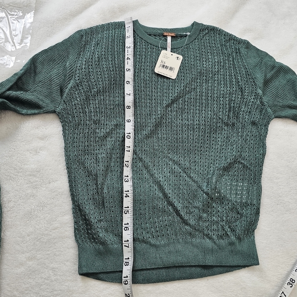 Free People H2O Crew Open Stitch Knit Long Sleeve Top Jade Green XS NWT Boho - Picture 10 of 13